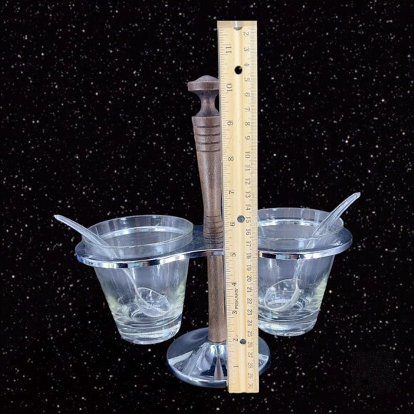 Mid Century Modern MCM Glass & Teak Condiment Server Vintage Relish Caddy Spoons - Picture 2 of 13